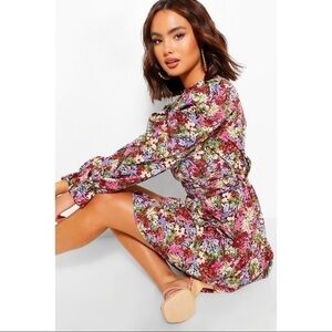 Zara Floral Puff Sleeve Roche Waist Skater Dress
